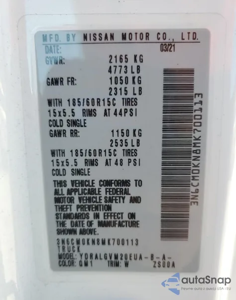 2021 Nissan Nv200 2.5S z USA, uszkodzony, nr VIN 3N6CM0KN8MK700113